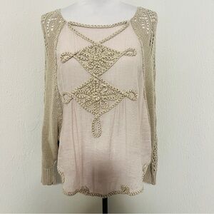 Selfie Couture Women's Small Beige Sheer Knit Rope Crochet Accent Blouse Top